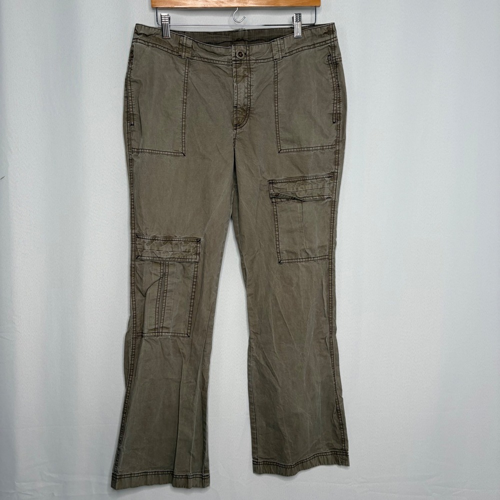 Free People Women Olive Taupe Cargo Utility Flare‎ Pants Size 10 Contrast Stitch